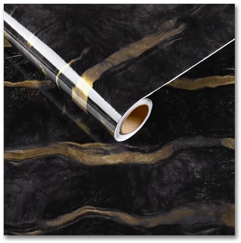 CRE8TIVE Vinyle Adhesif Marbre Or Noir 30cm x 900cm Papier Adhesif pour Meuble Noir Papier Peint Effet Marbre Impermeable Adhesif Plan de Travail Papier Peint Cuisine Salle de Bain Armoire Moderne