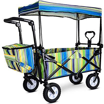 CUNTO Carro Plegable, Carro de Jardín Portátil Capacidad 80 Kg, con Cinturón de Seguridad, Toldo, Bolsa Nevera, Fiambrera Grande, para Picnics, Camping, Compras, Playas, Conciertos