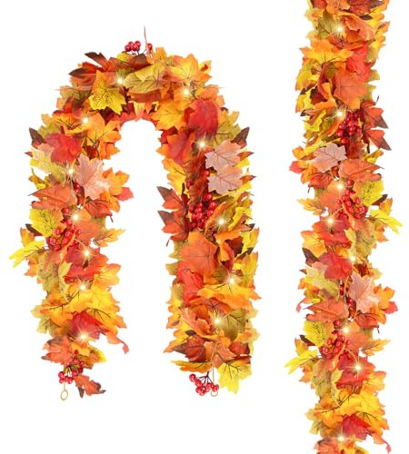 2 Pezzi Decorazioni Autunnali, Ghirlanda Autunnale Foglia d'Acero Artificiale Tema Halloween con Foglie d'Acero Artificiali in Rosso, Marrone e Giallo, 175cm