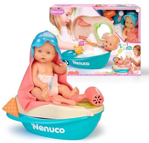 Nenuco Baño de Espuma, Muñeco Bebé de 35 cm y Cuerpo Duro, Tiene una Bañera 2 en 1 Que se Convierte en Cambiador, Hace Espuma, Muñeco con Pelo Mágico, Bebe y Hace Pipí, +3 Años, Famosa (NFNA0000)
