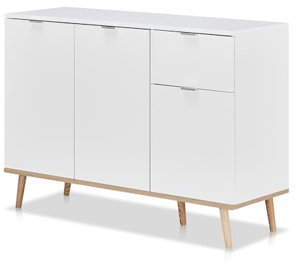 KHG Kommode 3-türig mit Schublade Scandi, Sideboard aus Holzwerkstoff weiß foliert für Wohnzimmer und Esszimmer, 120 x 86 x 40 cm (B/H/T)
