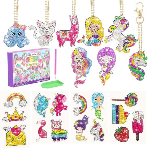 CAYUDEN Diamond Painting - 8 Doppelseitige Anhänger + 15 Diamant Aufkleber DIY Meerjungfrau Einhorn Kit für Kinder 6-12 Jahre