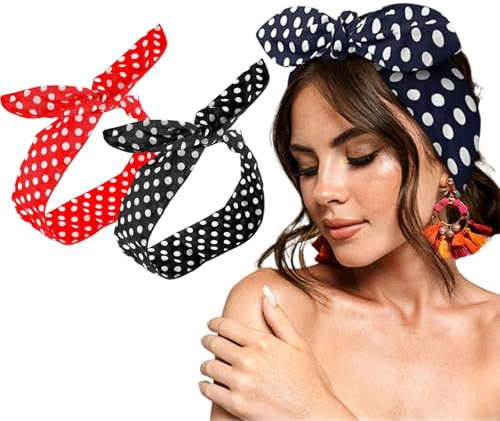 Dinghaole 2 Stück Stirnbänder Damen, Schals (rot und schwarz) für Frauen, Bandana, Retro, Stirnband aus 50er-Jahren, Boho, Hasenohr-Stirnband, Vintage, Haar-Accessoires für Mädchen