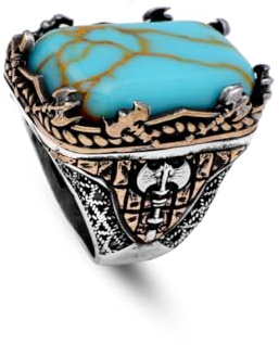 Jewellery Pit - Handmade Vintage Turquoise Ottoman Ring with Axe Design, Large 925 Sterling Silver Engagement Men's Ring, Silver Polishing Cloth Gift Included (Z)