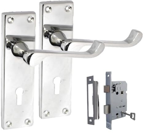 Victorian Scroll Door Handles - Polished Chrome, Back Plate (1 Pair Lock Handles + 3 Lever SASH Lock)