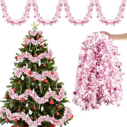 Guirlande Noel, Rose 10M/Paquet de 5 Guirlande de Noel Sapin Guirlandes Tinsel Noël Métallique Blanche Guirlande Noel Exterieur Décoration de Noël pour Maison Intérieur Extérieur Fête Mariage