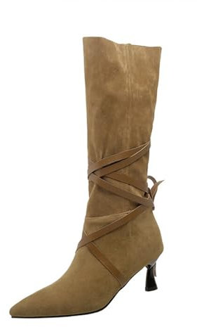 GZHMMAN Stivali Alti con Tacco Eleganti Fino al Ginocchio da Donna 7 Cm Punta Affilata Sottile Design Cinturino Incrociato in Pelle Scamosciata Versatili per Vari Outfit,Brown,44
