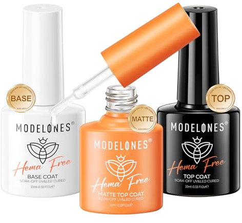 Modelones Base und Top Coat Gel UV Nagellack Set 3 x 10 ml No Wipe Soak Off Unterlack und Überlack mit Matte Top Coat fur Gelnägel Nail Art Nageldesign Maniküre