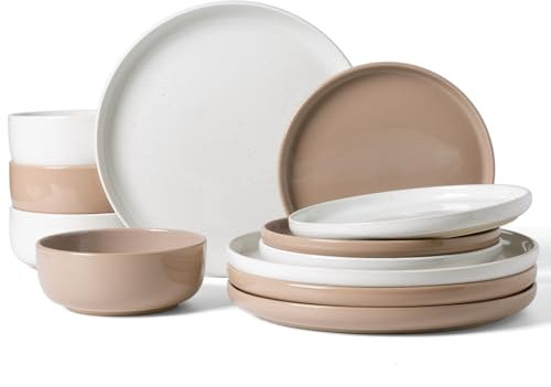 Famiware Milkyway Plates and Bowls Sets, 12 Pieces Stoneware Dinnerware Sets, Dishes Set for 4, White & Cinnamon Brown