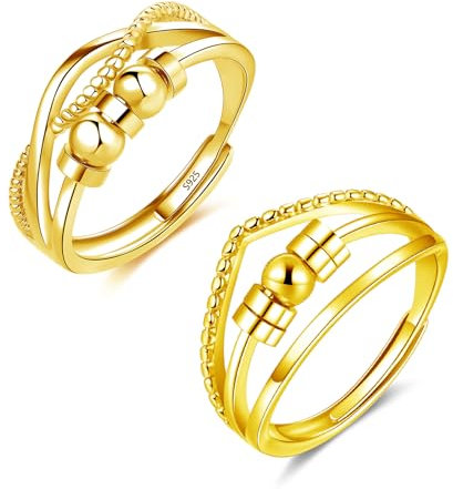 Glintara Anxiety Ring Silber 925 Damen, 2PCS Silber Anti-Angst Ringe mit Perlen Set, 925 Sterling Silber Spinner Fidget Partnerringe, Offen Einstellbar Stimmungsring Paar Ringe gegen Stress Unisex