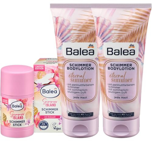 Balea 3er-Set Hautpflege: Schimmer Stick SUMMER ISLAND feste Körperpflege mit Kokosöl, strahlender Glow, goldener Bronzing-Effekt, 25 g + Schimmerlotion SUMMER SUNSET Bodylotion, 2 x 200 ml (400 ml)