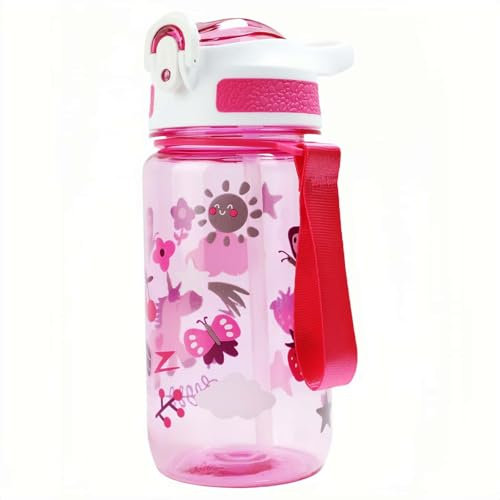 MHwan Trinkflasche Kinder, 600ml Bruchsichere und Robuste, Trinkflasche Auslaufsicher Kinder mit Strohhalm, BPA-Frei, Schöne Tragbare Wasserflasche Geeignet für Schule Reisen