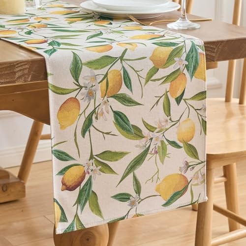 Tischläufer Modern Polyester 40x140cm Zitrone Gelb Abwaschbar Grün Blätter Sommer Dekoration für Esszimmer Esstisch Party
