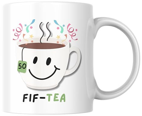 Cheeky Chops Fif - Tea 50th Birthday Mug, Gift for Women, Funny Tea Lover Cup, Fiftieth Friend, Wife, Mum Present, Ceramic Mug for Her