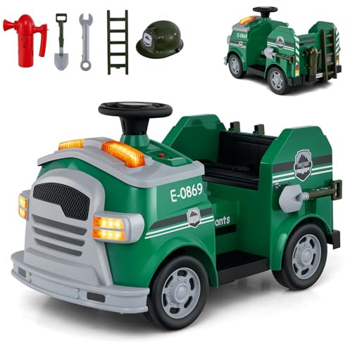 COSTWAY 12V Feuerwehr Rutschauto, Kinder Feuerwehrauto mit Hupe, Schaufel, Feuerlöscher, Schutzhelm & Schraubenschlüssel, Rutschfahrzeug mit Musik & Alarm, Spielzeugauto für Kinder ab 3 Jahren (Grün)