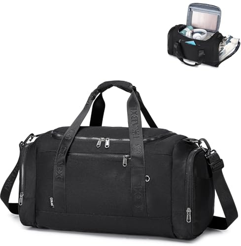 SPAHER Travel Sports Gym Duffle Bag with Shoes Compartment and Wet Pocket Waterproof Weekend Overnight Bag Women with Insulated Pocket Holdall Bag for Swimming Yoga Travel, Black