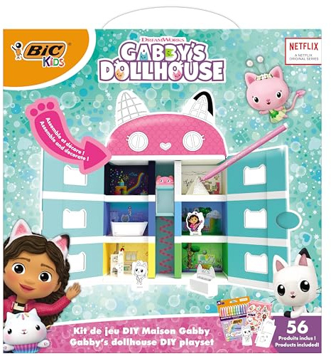 BIC Kids Maison à Colorier Gabby et la Maison Magique - 12 Feutres de Coloriage Pastel/1 Maison en Carton à Colorier/3 Planches d’Autocollants/14 Figurines à Assembler - 56 produits