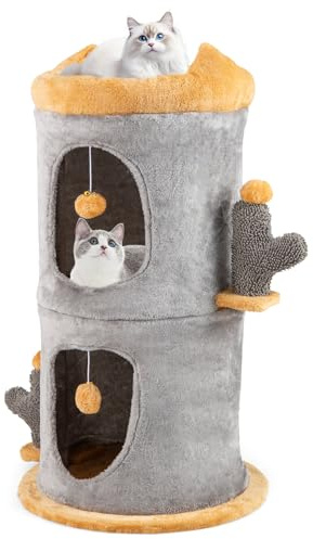 GOPLUS Casa para Gatos de 3 Pisos, Cama para Gatos con Percha de Peluche, Refugios Acolchados, 2 Pelotas de Jugar, 2 Cuevas, 2 Postes con Forma de Cactus, Árbol para Gatos de Interior