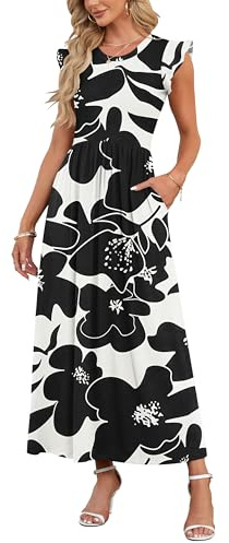 AUSELILY Robe de Poche à Manches Courtes à Volants pour Femme Robe Longue Décontractée à Col Rond Jupe de Plage D'été