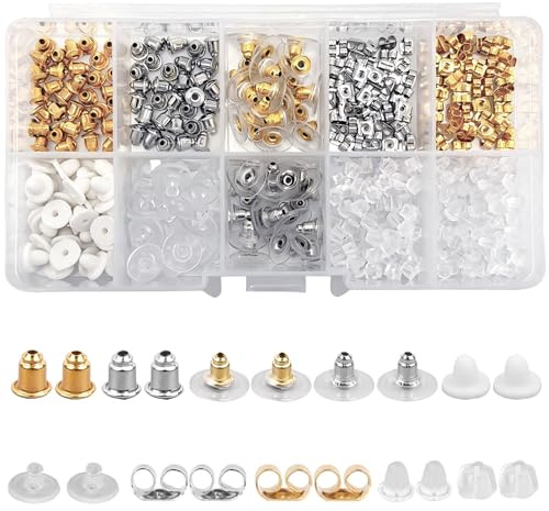 Bitone 450Pcs Earring Backs,10 Styles Earring Backs Safety Backs,Rubber,Clear,Plastic, Butterfly Shape Stoppers with Storage Box, Earrings Stoppers for Women's DIY Jewelry Supplies