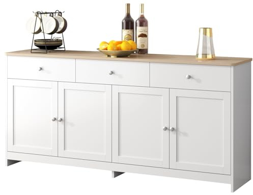 KüChenschrank, Sideboard Kommode Aufbewahrungsschrank mit 3 Schubladen 4 Türen Küchenkommode mit Arbeitsplatte Buffetschrank für Wohnzimmer Schlafzimmer Flur, 160 x 37 x 75 cm (Weiß – 3 Schubladen A)