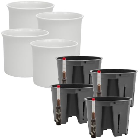 Leni Atlas Hydrokultur-Set Blumentopf Ø 13 cm Höhe 9,7 cm Weiß 4er-Pack | mit Kulturtopf und Gießanzeige, Übertopf, Pflanztopf aus Kunststoff matt