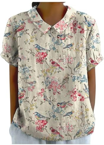 Generisch Blusa de lino de verano para mujer, camisa de lino de algodón, cuello en V, blusa, túnica, manga larga, holgada, holgada, tiempo libre, Boho A40
