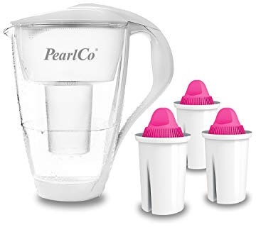 PearlCo 2L Glas-Wasserfilter Krug mit 3 Magnesium Filterkartuschen - gefiltertes Wasser mit Magnesium durch 5-Stufen-Filtration weiß