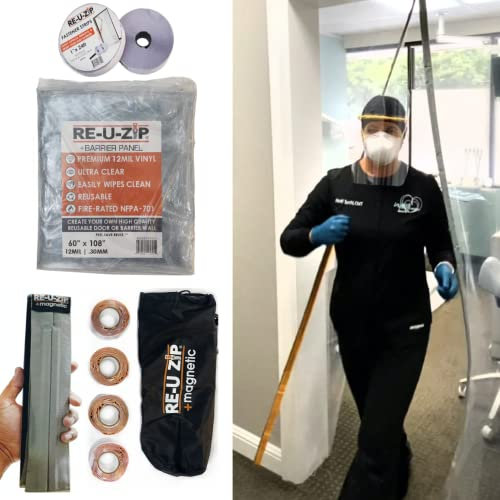 RE-U-ZIP® Kit de bande magnétique ultra transparente pour porte d'entrée | Personnalisable 1,5 x 2,7 m | Vinyle FR de 12 mm | Résistant à l'air négatif et fiable pour salles blanches, construction,