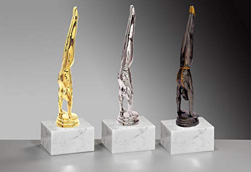 Henecka 🤸♂️ Turnen-Herren-Pokal, Turner-Trophäe, Turner im Handstand auf Marmorsockel, mit Wunschgravur, wählbar in 3 Farben (Gold)
