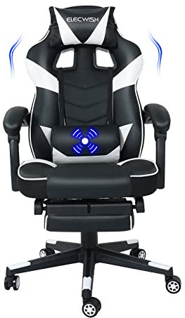PULUOMIS Video Gaming Chair Massage for Adults with Footrest Computer Desk Chair PU Leather 150° Reclining High Back Support Office chair for Home with Headrest Lumbar Pillow (White)