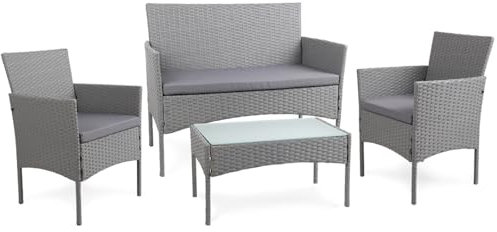 BENEFFITO Tulum - Salon de Jardin en résine tressée 4 Places: 1 canapé, 2 fauteuils, 1 Table Basse - Coussins déperlants et déhoussables avec Fermeture éclair - Gris/Gris
