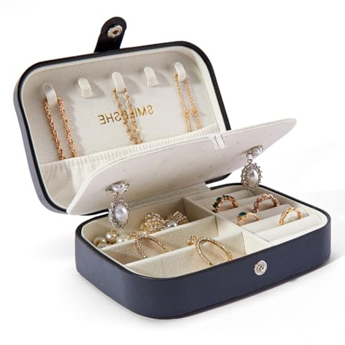 Smileshe Schmuckkästchen, PU-Leder, klein, tragbar, Reise-Etui, 2 Ebenen, Organizer für Ringe, Ohrringe, Halsketten, Armbänder