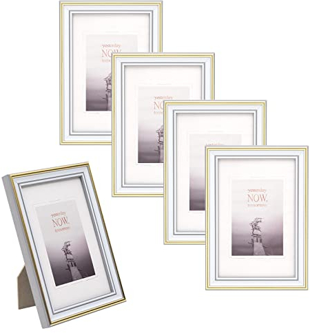 EUGAD Bilderrahmen 30x40 cm 5 er Set, Kunststoff Fotorahmen mit Passepartout, Glasscheibe Fotogalerie Bilderrahmen College, Geschenk für Familie Freunde, Weiß+Gold