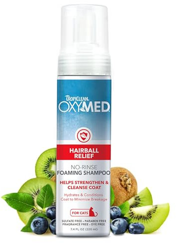 TropiClean OxyMed Trockenshampoo für Katzen, 220ml - Gegen Haarballen - Ohne Ausspülen - Kräftigt und reinigt das Fell - Spendet Feuchtigkeit und pflegt, um Haarbruch zu minimieren - Made in USA
