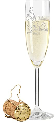 GRAVURZEILE Sektglaser - Floral Design - personalisiert mit Wunschgravur Namen & Datum - als Geschenk zur Hochzeit, Verlobung oder zum Jahrestag - das perfekte Hochzeitsgeschenk