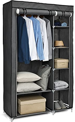 Double Canvas Wardrobe, Portable Wardrobe, Foldable Closet, Clothes Storage Organizer with Hanging Rail for Clothes, Bags, Toys, Shoes, Living Room, Bedroom 175 x 110 x 45CM Grey