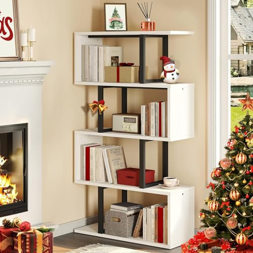 YITAHOME 5-Tier Bookcase, Bookshelves and Shelving units, Modern Freestanding Multifunctional Decorative Storage Shelving for Bedroom Living Room Home Office, S-Shaped bookshelf, 30X80X145CM (White)