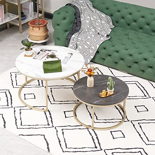 hitsuki Couchtisch Rund 2er Set, Marmor Couchtisch Gold Metallgestell Wohnzimmertisch Weiß und Schwarz, Satztische fürs Wohnzimmer, Schlafzimmer, Balkon (Weiß + Schwarz & Gold)