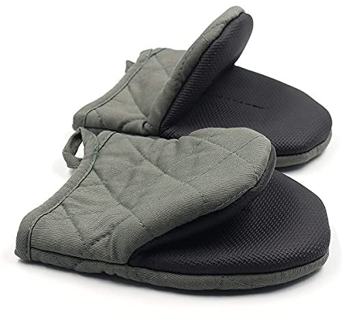 E-Greetshopping 2 Gants de Cuisine Courts en Silicone et Coton, Résistant à la Chaleur jusqu'à 500 degrés, Antidérapants pour Cuisson, Grillade, Barbecue, Lavable en Machine, Gris