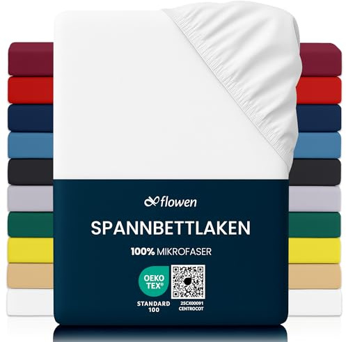 Flowen Spannbettlaken 180x200 cm Mikrofaser Spannbetttuch Weiß für Bett Atmungsaktive Hypoallergene Bettlaken Anti-Milbe Leicht Weich und Knitterfrei mit 30 cm Tiefe Tasche Maschinenwaschbares