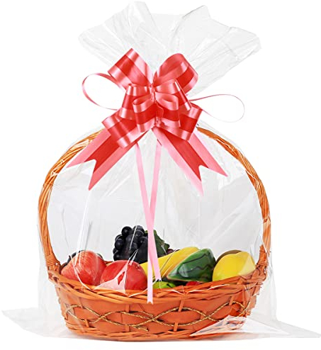 UltraOutlet 50 Packs Large Cellophane Bags 18 x 24 Clear Cellophane Gift Basket Wraps 2.3 Mil Thick Clear Cello Bags for Fruit Basket, Gift Wrap, Treats, Arts and Crafts, 50ct Ribbon Bows