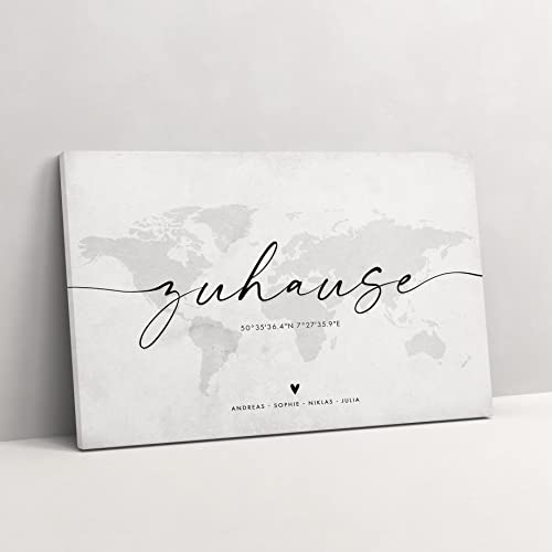 HEI Print Leinwand Zuhause Weltkarte mit Koordinaten und Namen - personalisiertes Bild Weltkarte in beige, Einzugsgeschenk Bild, Familienbild Home, Deko zu Hause (Leinwand)