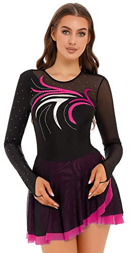 iEFiEL Damen Langarm Eiskunstlauf Kleid Glitzer Tanzkleid Strass Kürkleid Rollkunstlauf Bekleidung Tanzanzug Tanzkostüm Rosa XL