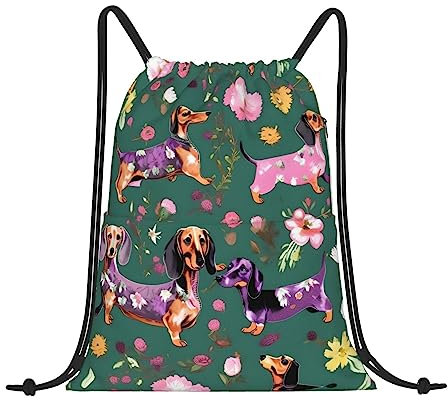 PIXOLE Rucksack mit Hirsch-Jagd-Druck, Kordelzug, wasserabweisend, Sporttasche, Schwimmtasche für Männer und Frauen, Dackel-Blumenmuster, Einheitsgröße, Kompakt