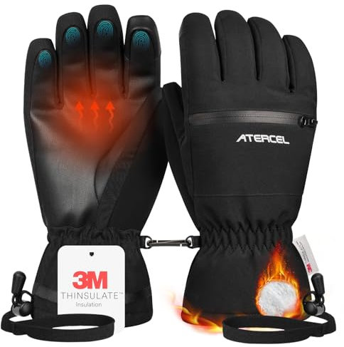 ATERCEL Skihandschuhe 3M Thinsulate Wasserdicht Touchscreen Warme Winter Snowboardhandschuhe für Herren und Damen (Schwarz, M)