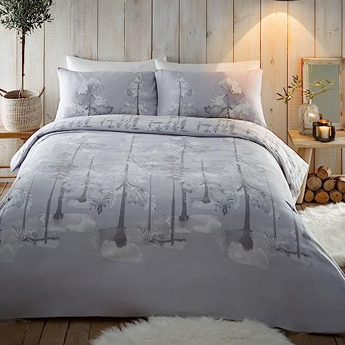 Appletree Hellgraues Bettbezug-Set mit Waldbäumen, Einzelbett (140 x 200 cm), superweiche 100% gebürstete Baumwolle, Winterbäume-Bettwäsche, Schneewald-Muster, Alaska-Kollektion