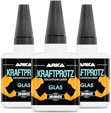 ARKA 3x 50 g GLAS Sekundenkleber extra stark | Inkl. Anti-Austrocknung-Spitze | KRAFTPROTZ | Flüssiger Superkleber | Wasserfest | Transparenter Glaskleber