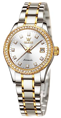 OLEVS Damen-Automatikuhr, Diamant-Edelstahl, selbstaufziehend, leuchtend, wasserdicht, L7003: Zweifarbiges Band und weißes Zifferblatt, Elegant