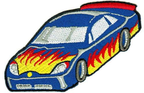 Racing Car Blue Iron-On or Sew On Iron-On Patch for Clothes Embroidered Iron-On Patch Applique Sports Car Racing Car Flame Patch Size 10 x 5.5 cm